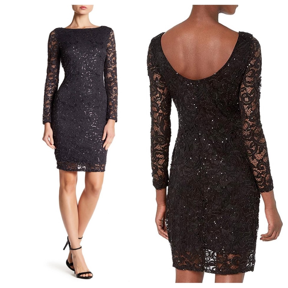 Marina black sequin long sleeve low back dress